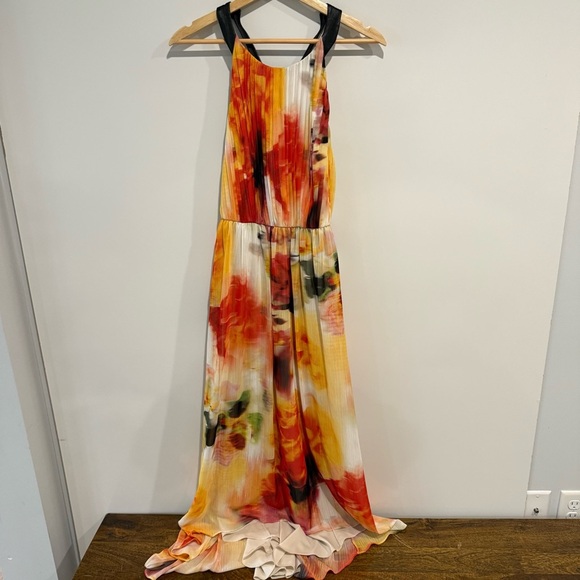 Alice + Olivia Ryan High Neck Leather T-Back Maxi Dress in Sunset Blur - Picture 3 of 9